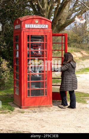 Une femme qui ouvre la porte d'une boîte téléphonique rouge emblématique réutilisée comme bibliothèque, le Old Baseing Book Exchange de Basingstoke, Hampshire, Royaume-Uni Banque D'Images