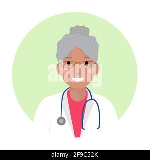 Femme sénior noire médecin ou infirmière en blouse médicale blanche avec lunettes et stéthoscope. Avatar professionnel d'une infirmière ou d'un médecin afro-américain Illustration de Vecteur
