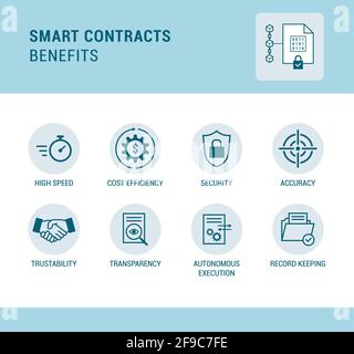 Des contrats intelligents sur les avantages de la chaîne de blocs, la technologie et le concept financier, ensemble d'icônes Illustration de Vecteur