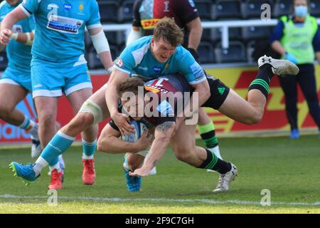 Twickenham, Angleterre. 17 avril 2021. Andre Esterhuizen de Harlequins pendant le match de première division de Gallagher entre Harlequins et Worcester Warriors au Stoop. Credit: Richard Perriman/Alamy Live News Banque D'Images