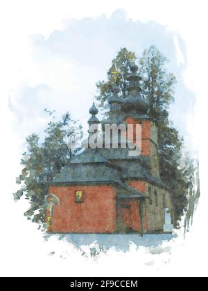 Toile d'art numérique - Église orthodoxe en bois de Lemko de Saint-Michel l'Archange à Wysowa Zdroj en Pologne (effet aquarelle) Banque D'Images