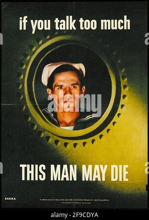 Une affiche de la WW2 vintage avertissant le public des dangers de parler insouciant Banque D'Images