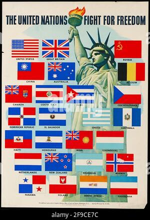 Une affiche américaine de la Seconde Guerre mondiale utilisant des slogans patriotiques pour gagner en soutien à l'effort de guerre, en faisant la promotion des Nations Unies Banque D'Images