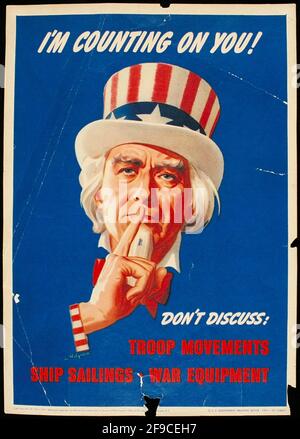 Une affiche de la Seconde Guerre mondiale vintage avertissant le public des dangers d'un discours insouciant, avec l'oncle Sam mettant ses doigts sur ses lèvres Banque D'Images