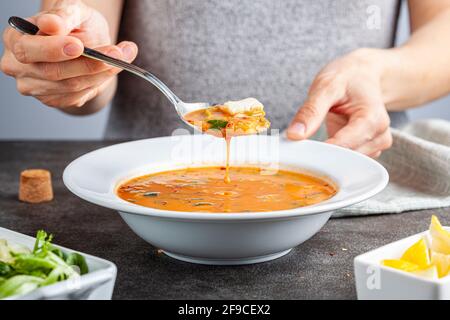 Batirik est une soupe de blé bulgur à base d'arachides grillées, de sésame et de légumes. Servi froid avec des feuilles de chou et de laitue, c'est un reci traditionnel Banque D'Images