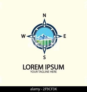Boussole avec montagne pour logo design illustrateur exploration icône outil de randonnée. Illustration de Vecteur