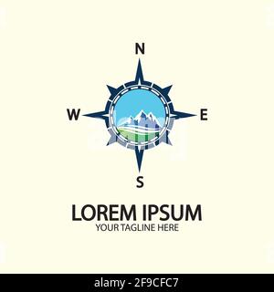 Boussole avec montagne pour logo design illustrateur exploration icône outil de randonnée. Illustration de Vecteur