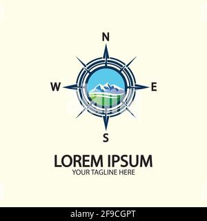 Boussole avec montagne pour logo design illustrateur exploration icône outil de randonnée. Illustration de Vecteur