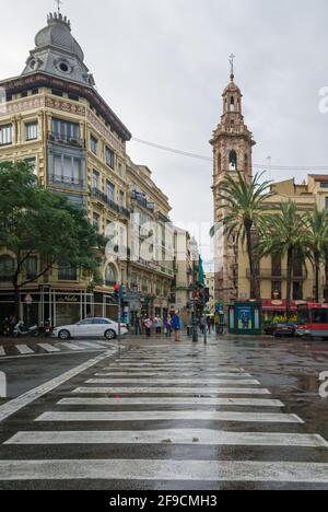 Rues de la ville de Valence par temps pluvieux. Espagne Banque D'Images