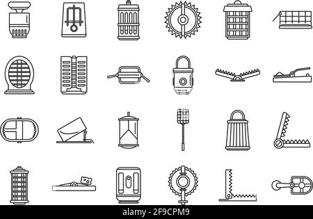 Ensemble d'icônes de piège à animaux Hunter, style de contour Illustration de Vecteur
