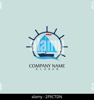 Volant de direction du bateau et de l'hélicoptère sur l'eau de la vague Symbole du logo Ocean Illustration de Vecteur