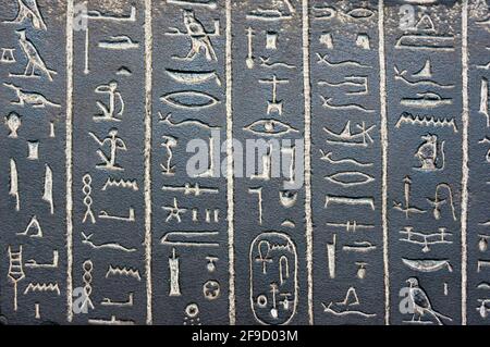 Hiéroglyphes égyptiens sculptés sur le sarcophage schiste noir d'Ankhnesneferibre en c530 av. J.-C., de Thèbes. Banque D'Images