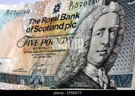 Un billet de banque pour cinq livres sterling produit par le Royal Bank of Scotland pour utilisation dans cette partie du Royaume-Uni de Grande-Bretagne et d'Irlande du Nord Banque D'Images