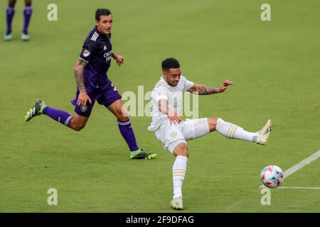 Orlando, Floride, États-Unis. 17 avril 2021: Le forward d'Atlanta United JAKE MULRANEY (23) tente de faire un jeu pendant le match Orlando City vs Atlanta United au stade Explora à Orlando, FL, le 17 avril 2021. Crédit : Cory Knowlton/ZUMA Wire/Alay Live News Banque D'Images