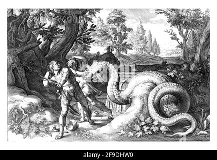 Les hommes de Cadmus sont tués par le dragon qui garde la source d'eau. Banque D'Images