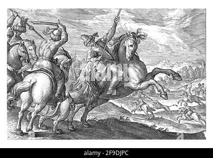 Paysage avec quatre cavaliers chassant un lion au premier plan. L'un d'eux a mis sa lance dans la bouche du lion. En arrière-plan, le cavalier sur un lion Banque D'Images