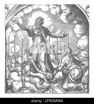 L'apôtre Jean a une vision: Il s'agenouille devant le fils de Dieu, qui est vêtu d'une robe avec une bande d'or autour de sa poitrine.Christ tient sept étoiles dedans Banque D'Images