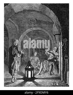 Joseph est en prison par une lanterne. Il explique les rêves du maître d'hôtel et du boulanger du roi Banque D'Images