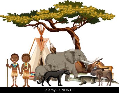 Tribu africaine avec groupe d'animaux sauvages africains sur blanc illustration d'arrière-plan Illustration de Vecteur