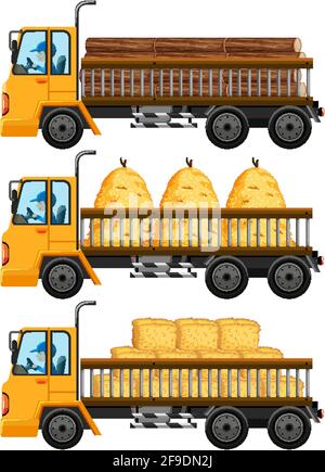 Illustration de l'arrière-plan isolé du jeu de chariots de remorquage transportant du foin Illustration de Vecteur