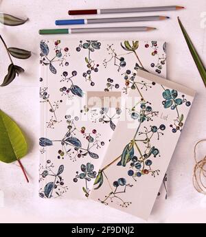 Une vue de dessus de carnets, crayons, et plantes sur le fond blanc. Banque D'Images