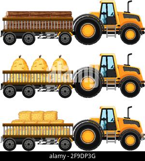 Illustration de l'arrière-plan isolé du jeu de chariots de remorquage transportant du foin Illustration de Vecteur