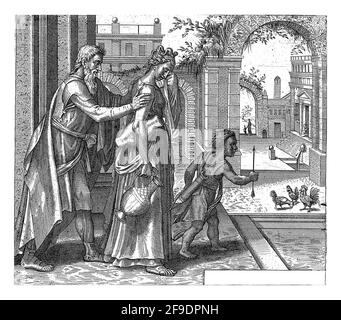 Abraham envoie Hagar et Ismaël loin après qu'il leur a donné un pichet d'eau et de pain. Ils laissent la porte en arrière-plan. Banque D'Images