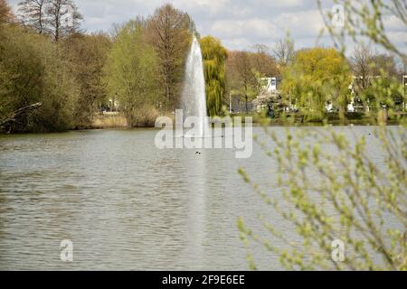 Fontaine dans un lac entouré de tress près d'OSS, pays-Bas Banque D'Images