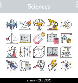 Jeu d'icônes de ligne de couleur Sciences. Affiche une page Web, une application mobile, un bouton, un logo. Illustration de Vecteur