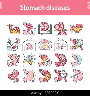 Ensemble de lignes d'icônes de maladies de l'estomac. Elément vectoriel isolé. Pictogrammes de contour pour la page Web, l'application mobile, la promotion. Contour modifiable. Illustration de Vecteur