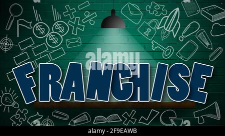 Un rendu 3D d'un concept de franchise avec une lampe éclairant le mot sur le mur plein d'icônes Banque D'Images