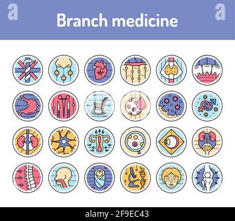 Ensemble d'icônes de la ligne de médicaments de la branche. Elément vectoriel isolé. Illustration de Vecteur