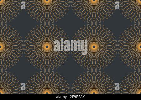 Motif d'arrière-plan abstrait sans couture, avec des lignes courbes formant des cercles dans l'abstraction du soleil. Art vectoriel décoratif en jaune et gris. Banque D'Images