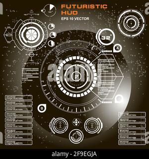 HUD futuriste noir et blanc, interface utilisateur tactile virtuelle en design plat Banque D'Images