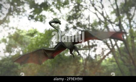 dragon, créature volant dans un paysage forestier (illustration de fantaisie 3d) Banque D'Images