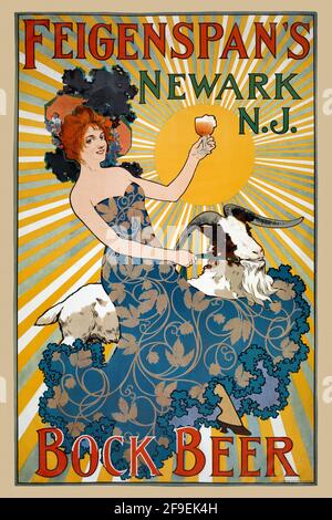 La bière bock de Feigenspan. Artiste inconnu. Affiche ancienne restaurée publiée dans les années 1900 aux États-Unis. Banque D'Images