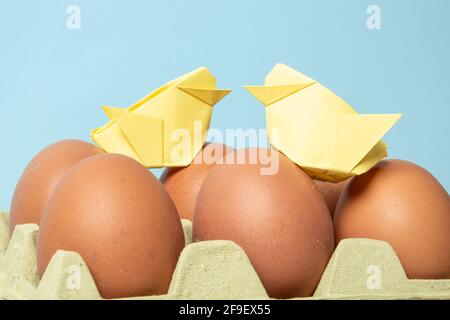 Un poussins d'origami jaune sur des œufs biologiques bruns isolés sur arrière-plan bleu Banque D'Images