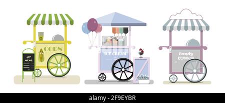 Ensemble de chariots alimentaires Vector avec pizza, beignets et crème glacée. Illustration vectorielle plate d'un fast food place sur des roues avec un auvent rayé et un Illustration de Vecteur