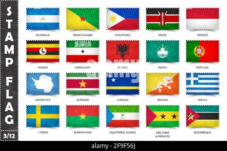 Timbre avec motif officiel de drapeau de pays et ancienne texture de grunge et nom de pays . Forme rectangulaire . Vecteur . Set 3 de 12 sur cette série ( tous les natio Illustration de Vecteur