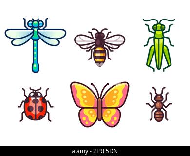 Jeu d'icônes insectes de dessin animé. Abeille, fourmi, sauterelle, libellule, papillon et coccinelle. Jeu de clips d'art vectoriels simple. Illustration de Vecteur