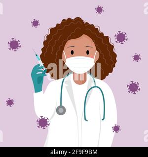 Médecin infirmière tenant une seringue entourée de virus. Vaccination des enfants. Covid19 immunisation. Vaccination contre le virus corona Covid-19. Coronavirus Illustration de Vecteur