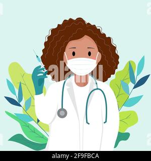 Médecin ou infirmière tenant une seringue entourée de virus. Vaccination des enfants. Covid19 immunisation. Vaccination contre le virus corona Covid-19. Vaccination Illustration de Vecteur