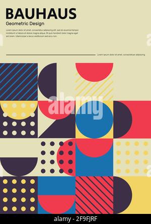 Fond de design Bauhaus et Mondrian avec formes et motifs colorés. Modèle vectoriel abstrait dans 20s style rétro et moderne avec texte. Illustration de Vecteur