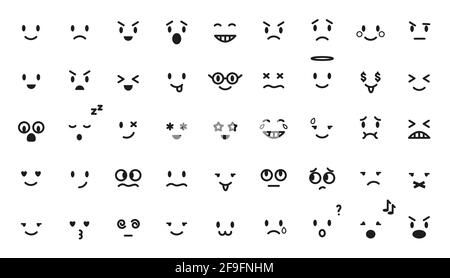 Ensemble d'émotiji à lignes noires de dessin animé. Collection d'émoticônes à plan vectoriel isolée sur blanc. Humeur et sourires faciaux. Drôle, en colère, heureux et triste visages icônes Web pour le message. Illustration de Vecteur