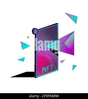 Carte avec diamant. Illustration du concept Cryptoart pour jeton non fongible. Art numérique avec technologie blockchain. Clip art isolé sur blanc. Banque D'Images