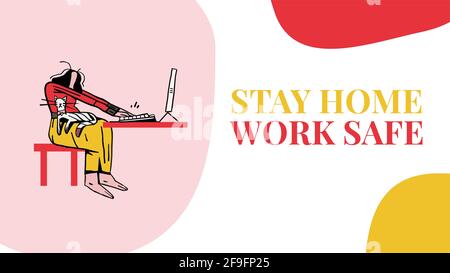 Restez à la maison travaillez en toute sécurité. Femme travaillant à la maison avec un chat sur ses genoux. Illustration de la conception de bannières Web pour infographies, sites Web, publicités. Illustrateur COVID-19 Banque D'Images