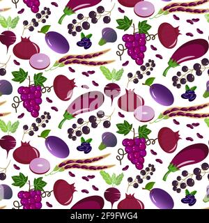Motif avec baies, légumes et fruits de couleur violette. Aubergines, betteraves, raisins secs de Corinthe et bleuets, prunes et raisins, haricots et oignons rouges. Illustration de Vecteur