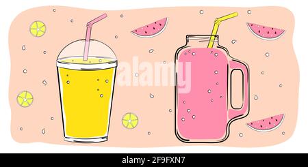 Cocktails d'été. Boissons sans alcool au melon d'eau et au citron dans différentes tasses. Illustration de Vecteur