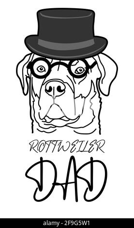 Rottweiler chien race portrait d'animal de compagnie porter chapeau et lunettes, et lettrage manuscrit, Rottweiler papa, isolé sur fond blanc, vecteur illustrateur Illustration de Vecteur