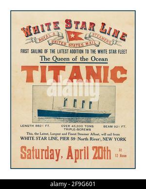 TITANIC Vintage 1900 affiche annonçant la première voile de Titanic de New York avril 20th 1912 RMS Titanic a tragiquement coulé en route le 15th 1912 avril RMS Titanic était un paquebot britannique exploité par la ligne White Star qui a coulé dans l'océan Atlantique Nord le 15 avril 1912,Après avoir pris un iceberg lors de son premier voyage de Southampton à New York.2F9G601 Banque D'Images